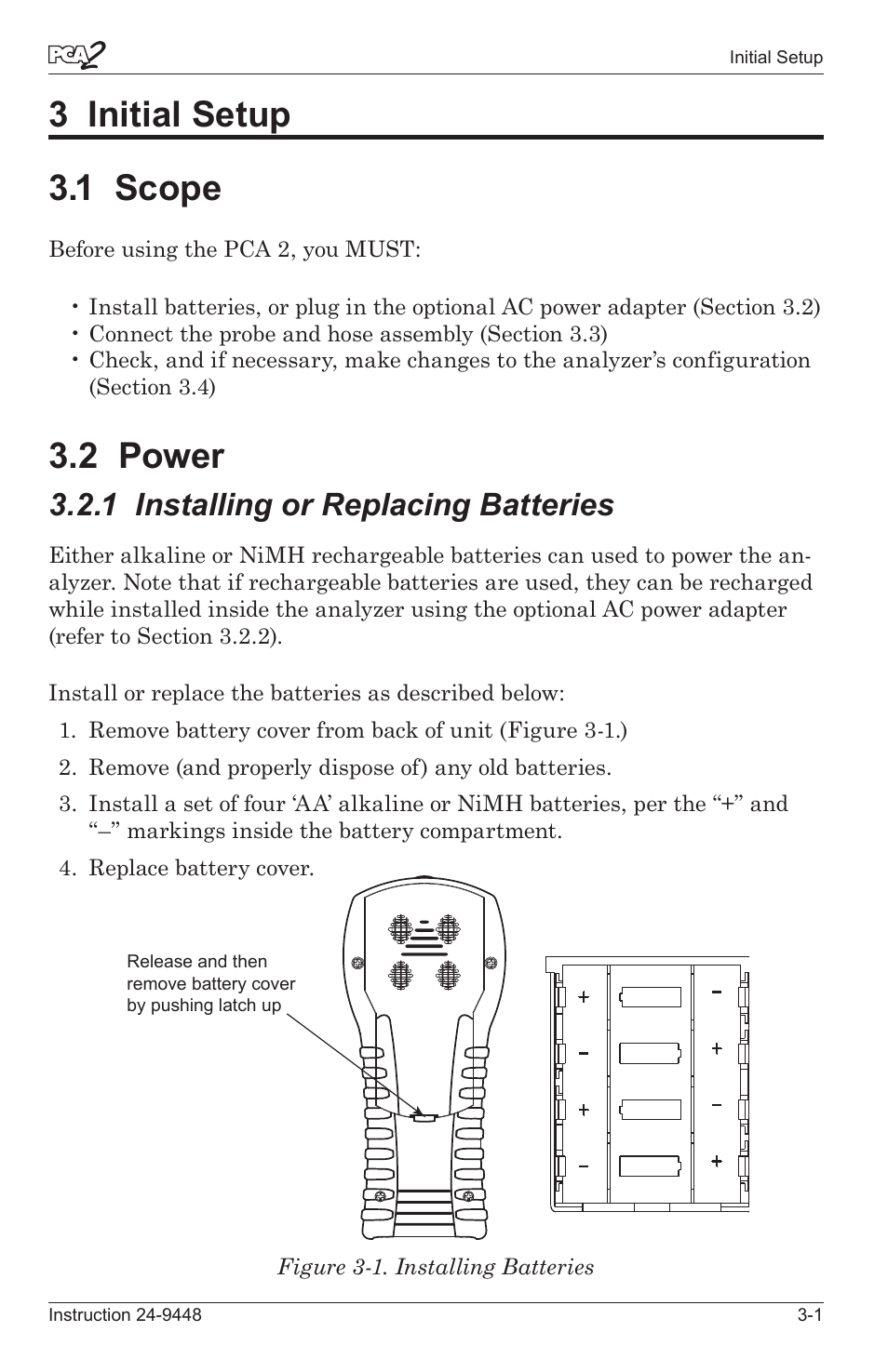 3 initial setup -1, 1 scope -1, 2 power -1 | 1 installng or replacng batteres -1, 3 initial setup 3.1 scope, 2 power, 1 installing or replacing batteries | Bacharach PCA 2 24-9448 User Manual | Page 21 / 108