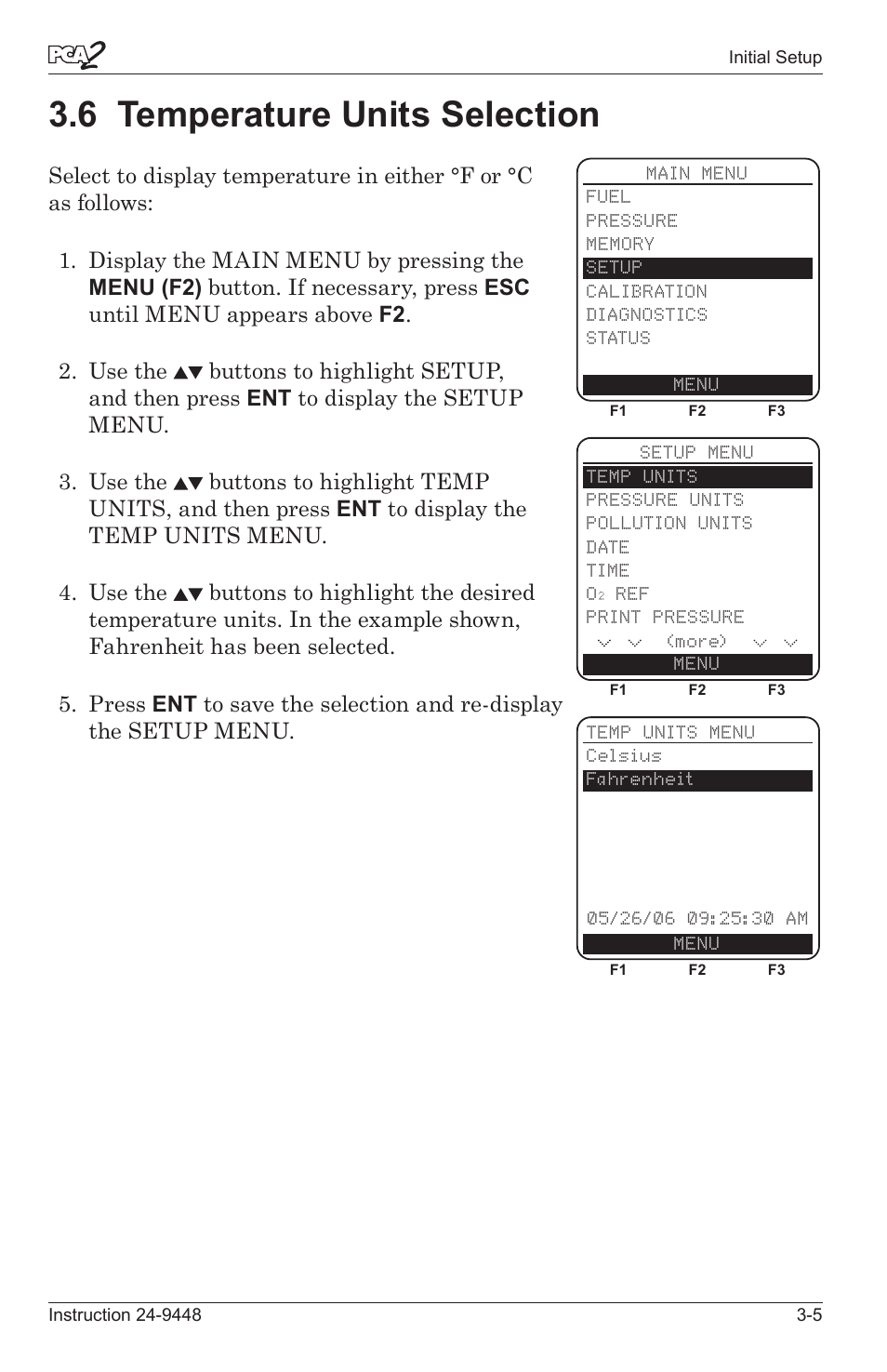 6 temperature unts selecton -5, 6 temperature units selection | Bacharach PCA 2 24-9448 User Manual | Page 25 / 108