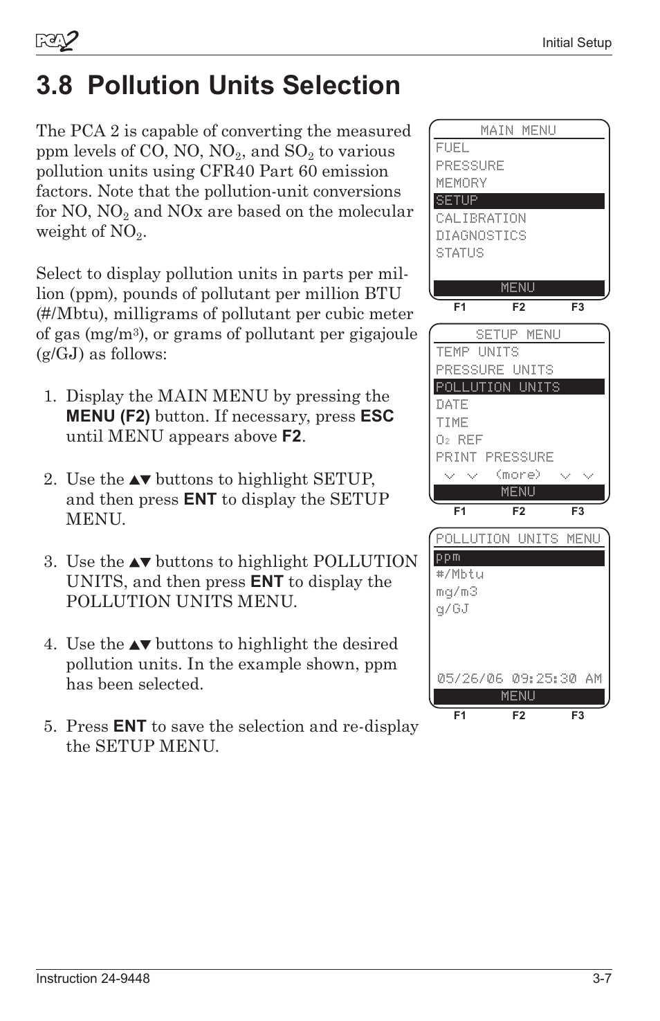 8 polluton unts selecton -7, 8 pollution units selection, And so | And nox are based on the molecular weght of no | Bacharach PCA 2 24-9448 User Manual | Page 27 / 108