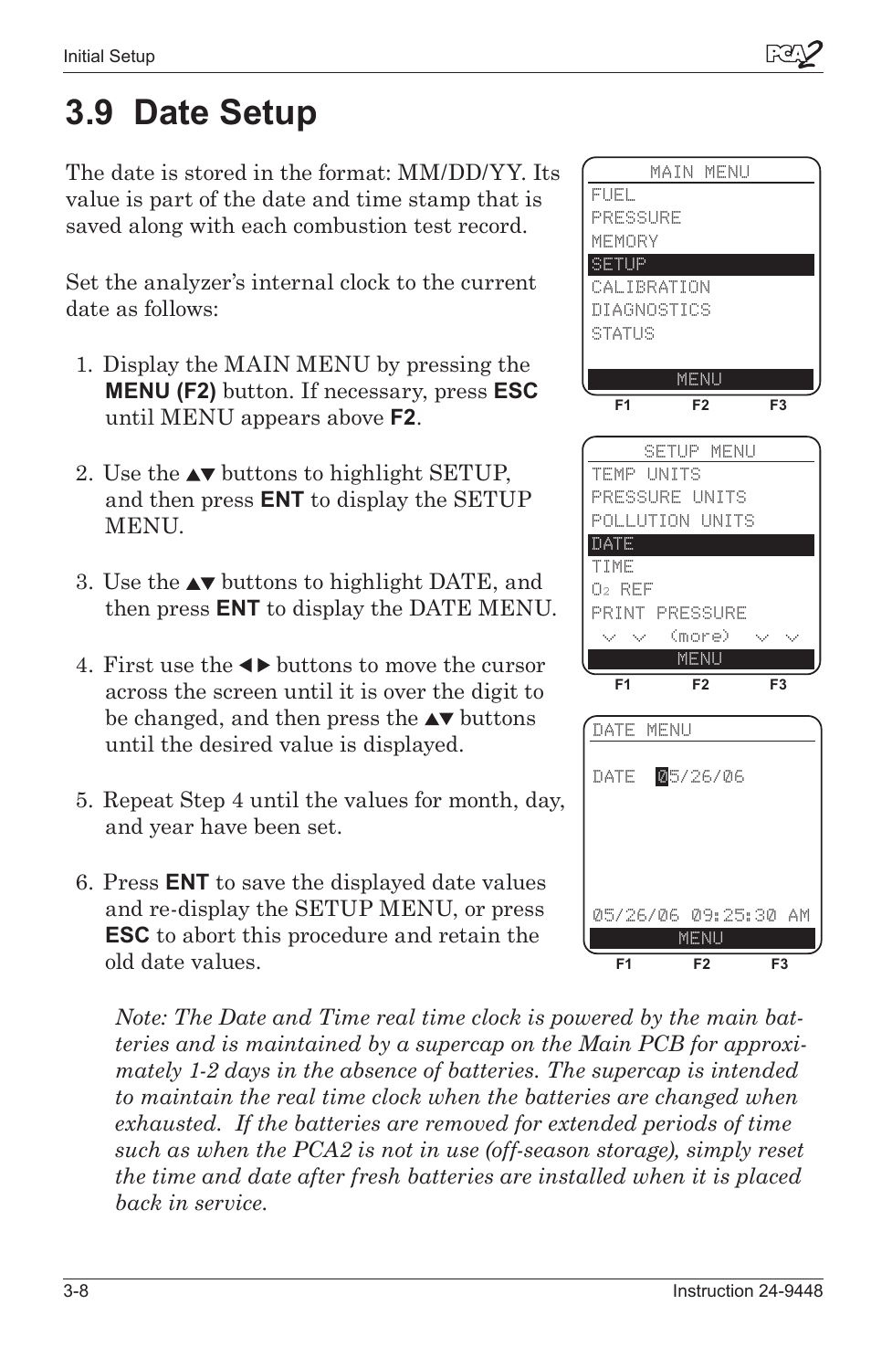 9 date setup -8, 9 date setup | Bacharach PCA 2 24-9448 User Manual | Page 28 / 108