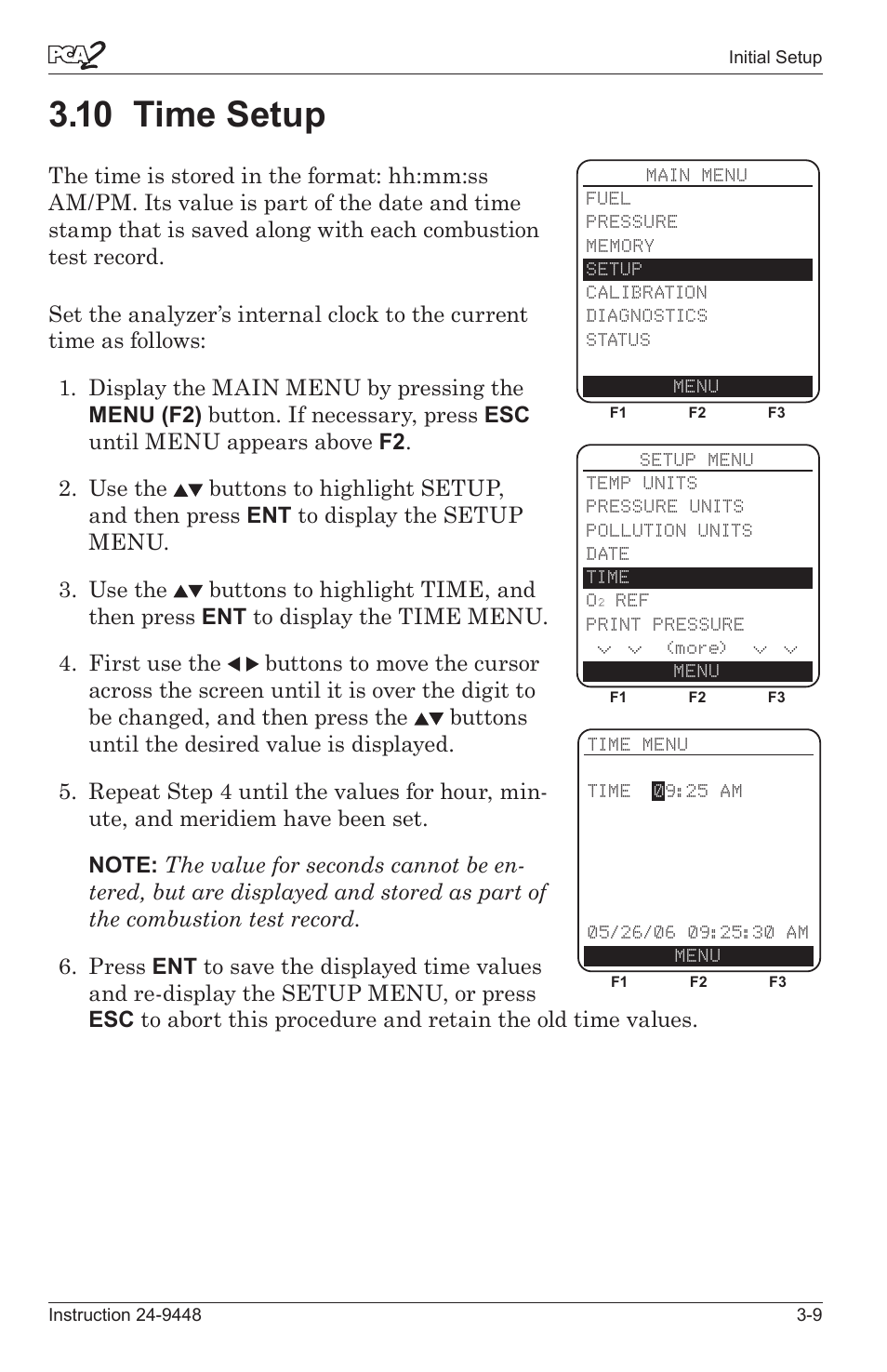 10 tme setup -9, 10 time setup | Bacharach PCA 2 24-9448 User Manual | Page 29 / 108