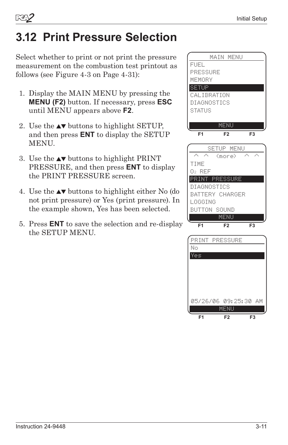 12 prnt pressure selecton -11, 12 print pressure selection | Bacharach PCA 2 24-9448 User Manual | Page 31 / 108