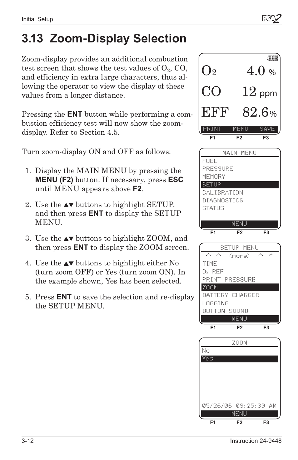 13 zoom-dsplay selecton -12, Co 12, Eff 82.6 | 13 zoom-display selection | Bacharach PCA 2 24-9448 User Manual | Page 32 / 108