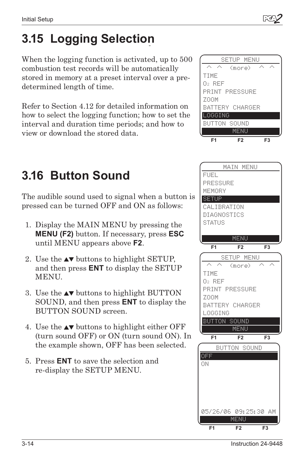 15 loggng selecton -14, 16 button sound -14, 15 logging selection | 16 button sound | Bacharach PCA 2 24-9448 User Manual | Page 34 / 108