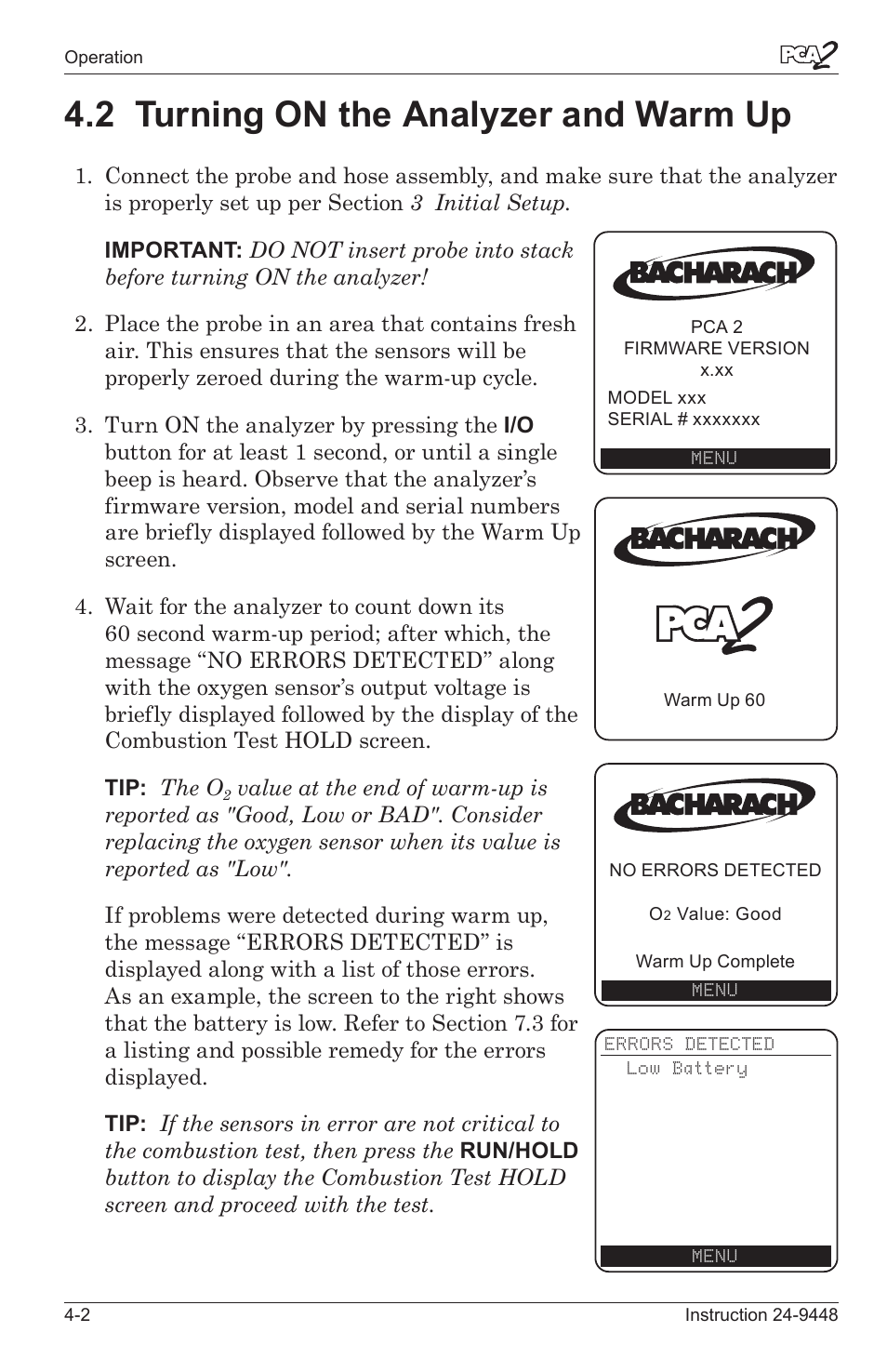 2 turnng on the analyzer and warm up -2, 2 turning on the analyzer and warm up | Bacharach PCA 2 24-9448 User Manual | Page 36 / 108