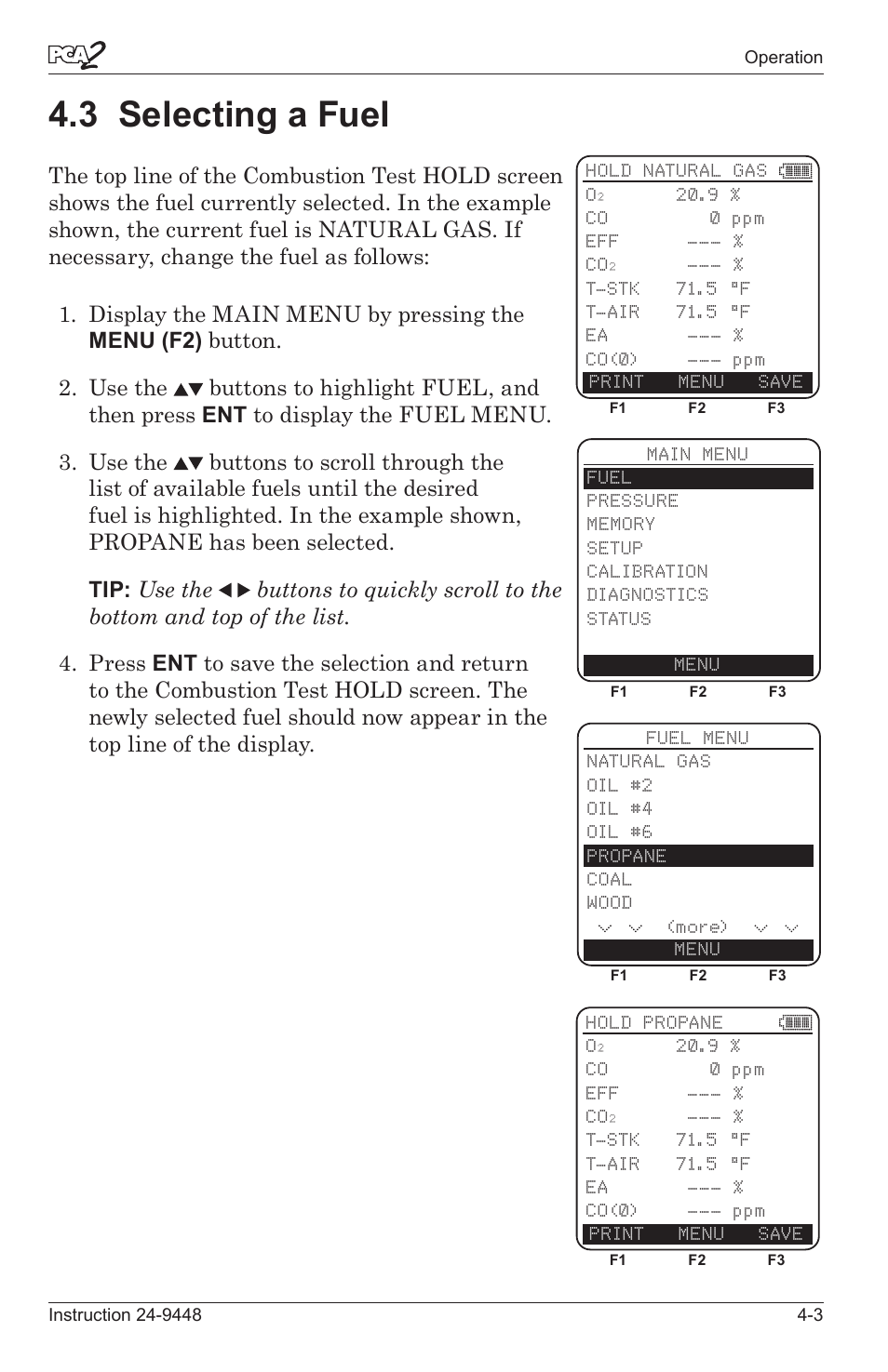 3 selectng a fuel -3, 3 selecting a fuel | Bacharach PCA 2 24-9448 User Manual | Page 37 / 108