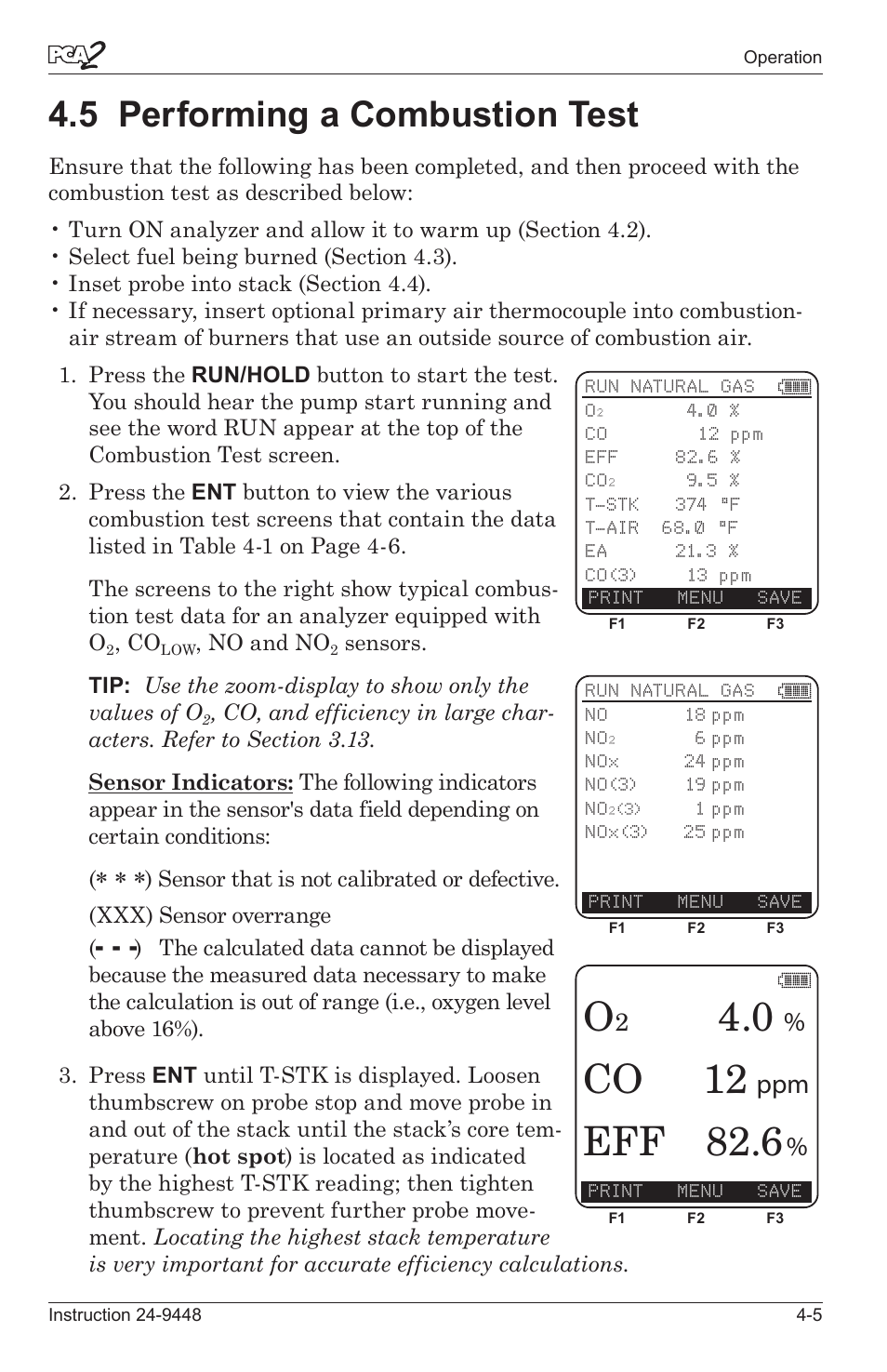 5 performng a combuston test -5, Co 12, Eff 82.6 | 5 performing a combustion test | Bacharach PCA 2 24-9448 User Manual | Page 39 / 108