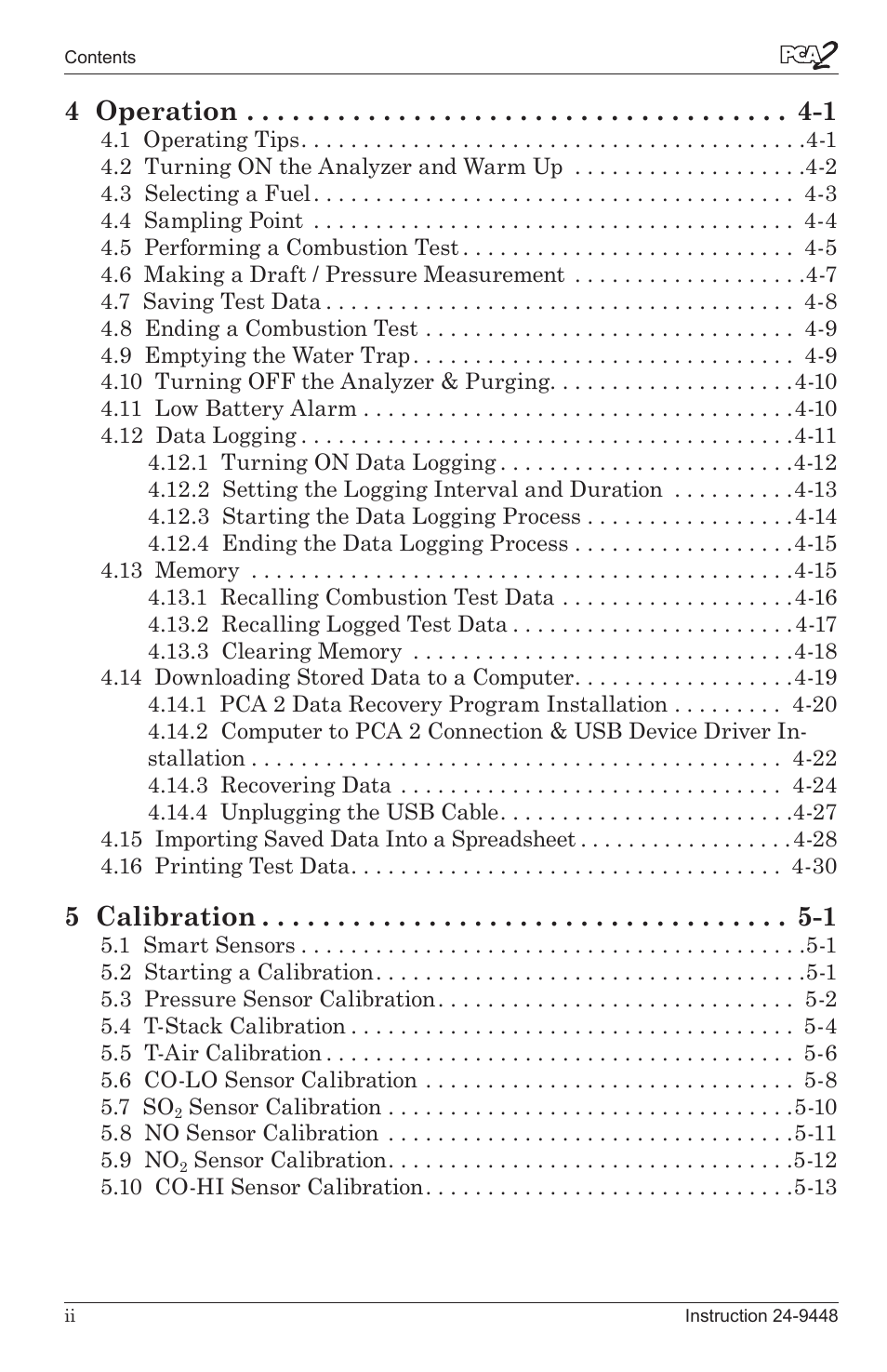 4 operation -1, 5 calibration -1 | Bacharach PCA 2 24-9448 User Manual | Page 4 / 108
