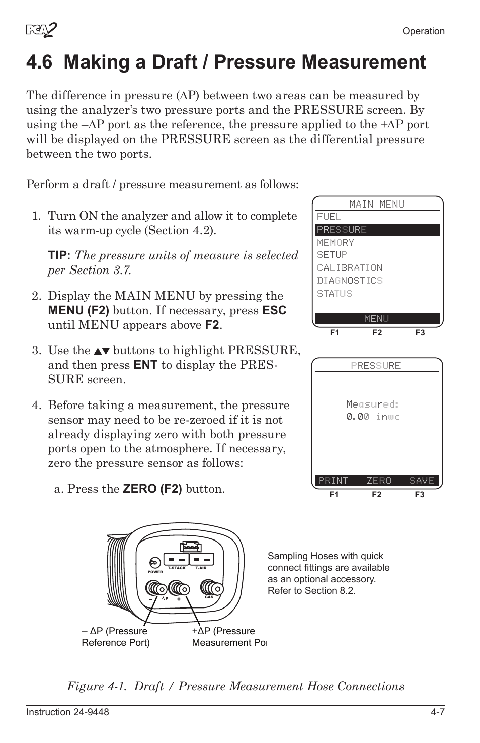 6 makng a draft / pressure measurement -7, 6 making a draft / pressure measurement | Bacharach PCA 2 24-9448 User Manual | Page 41 / 108
