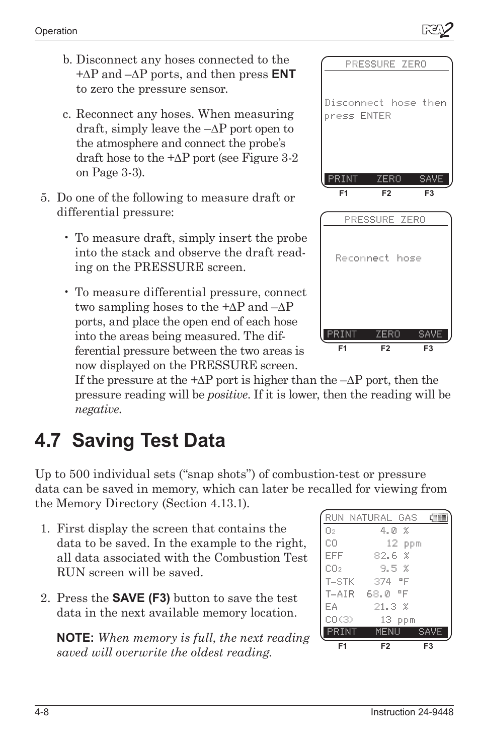 7 savng test data -8, 7 saving test data | Bacharach PCA 2 24-9448 User Manual | Page 42 / 108