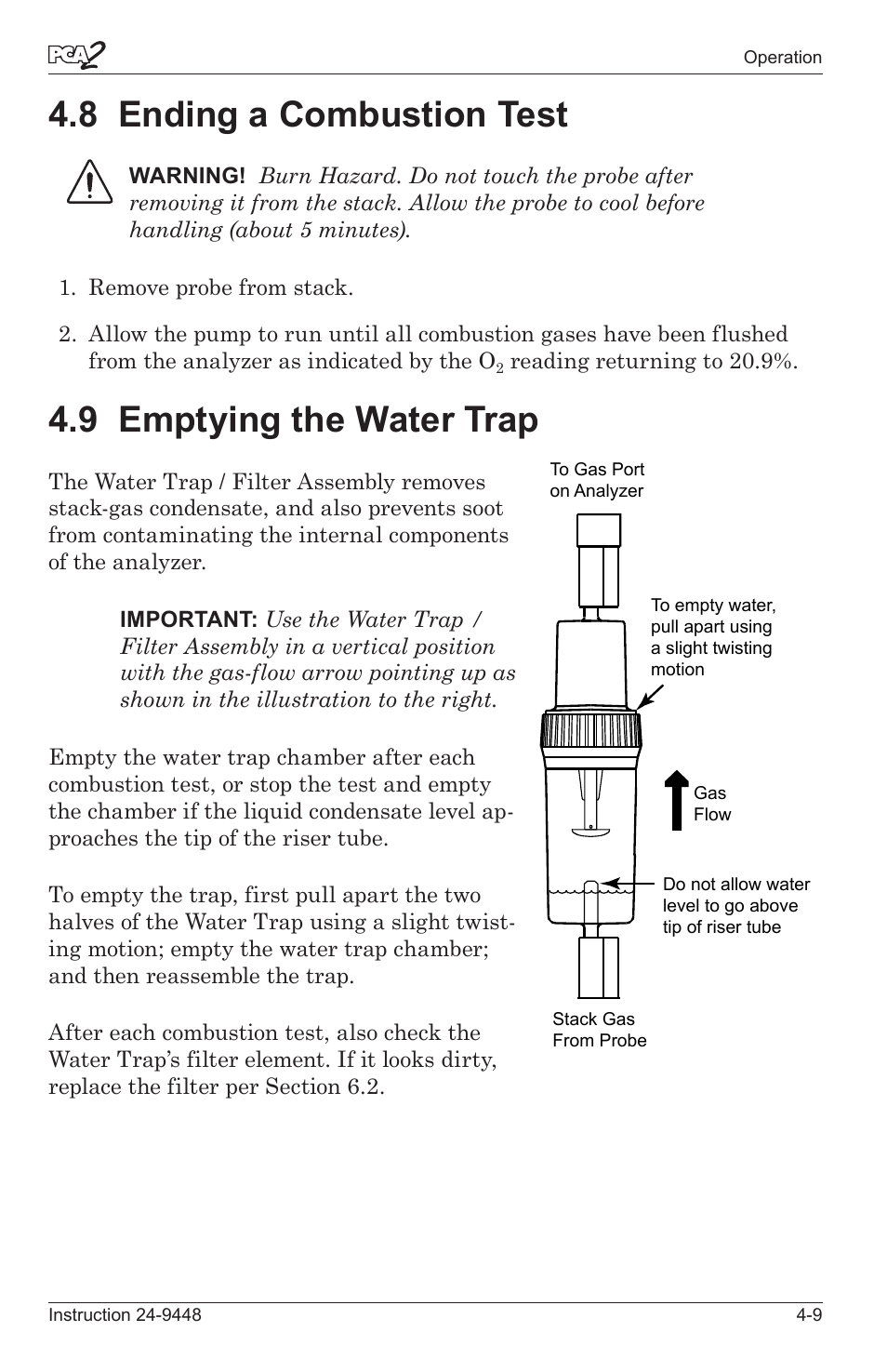 8 endng a combuston test -9, 9 emptyng the water trap -9, 8 ending a combustion test | 9 emptying the water trap | Bacharach PCA 2 24-9448 User Manual | Page 43 / 108