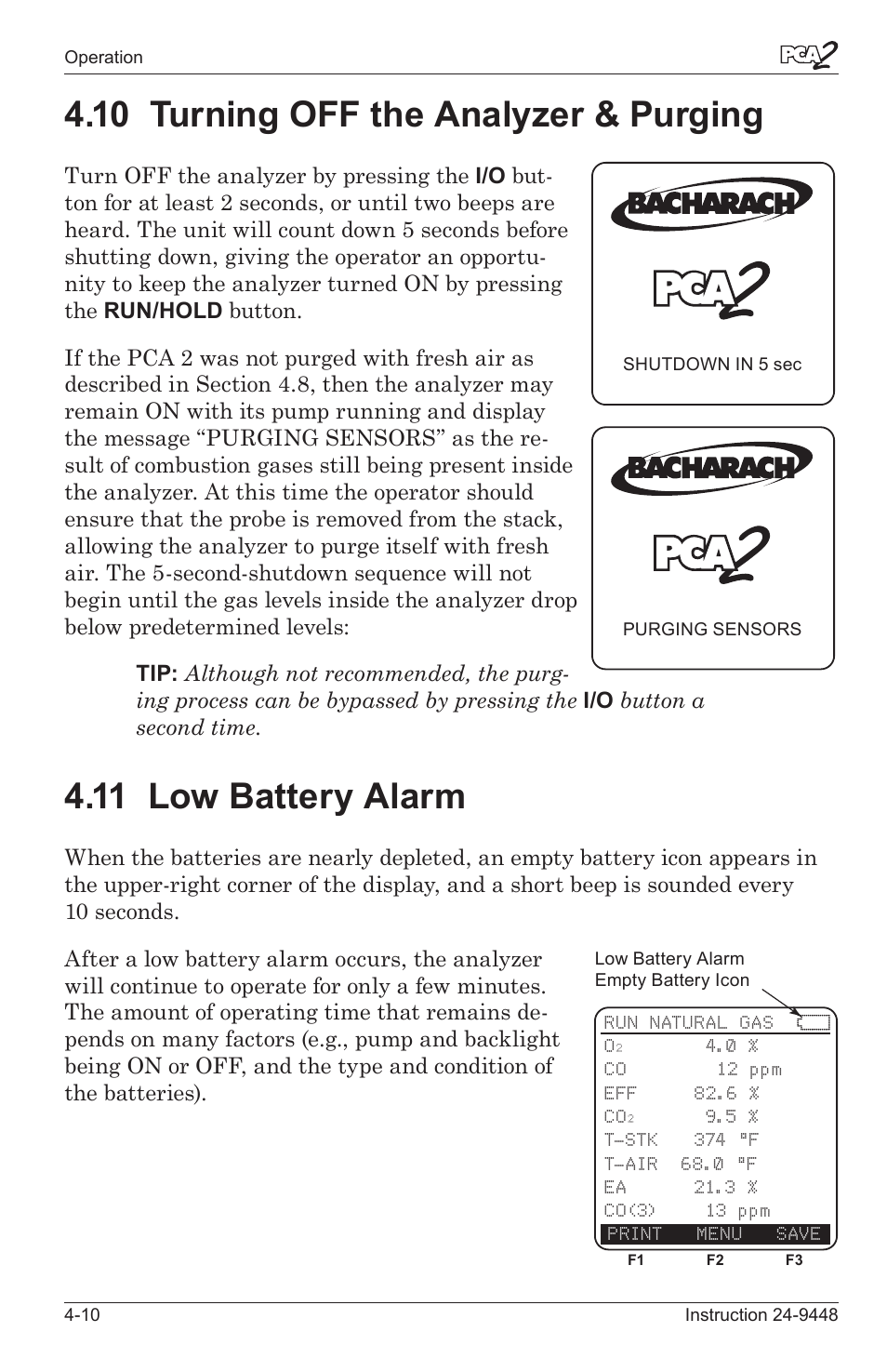 10 turnng off the analyzer & purgng -10, 11 low battery alarm -10, 10 turning off the analyzer & purging | 11 low battery alarm | Bacharach PCA 2 24-9448 User Manual | Page 44 / 108