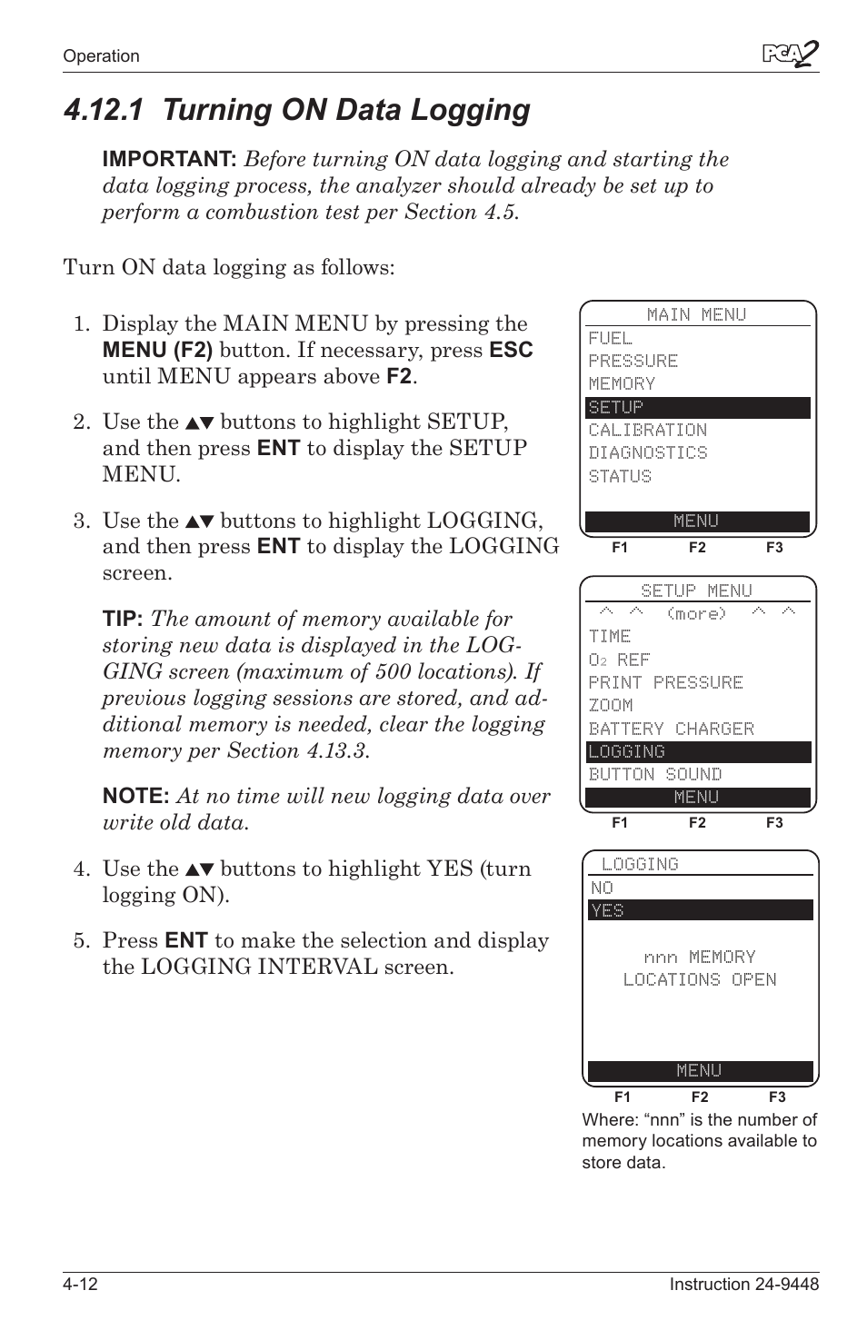 1 turnng on data loggng -12, 1 turning on data logging | Bacharach PCA 2 24-9448 User Manual | Page 46 / 108