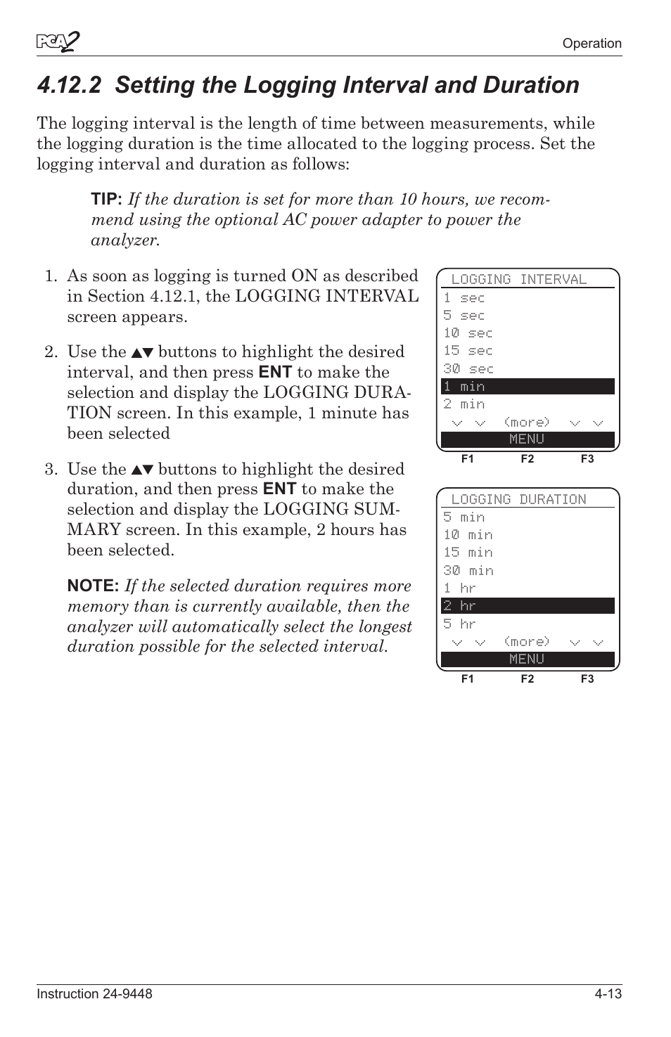 2 settng the loggng interval and duraton -13, 2 setting the logging interval and duration | Bacharach PCA 2 24-9448 User Manual | Page 47 / 108