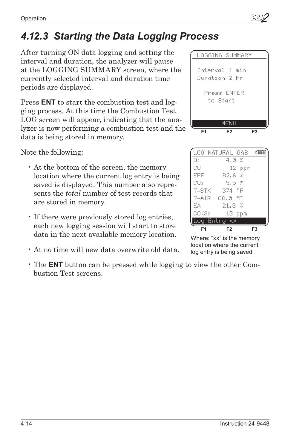 3 startng the data loggng process -14, 3 starting the data logging process | Bacharach PCA 2 24-9448 User Manual | Page 48 / 108