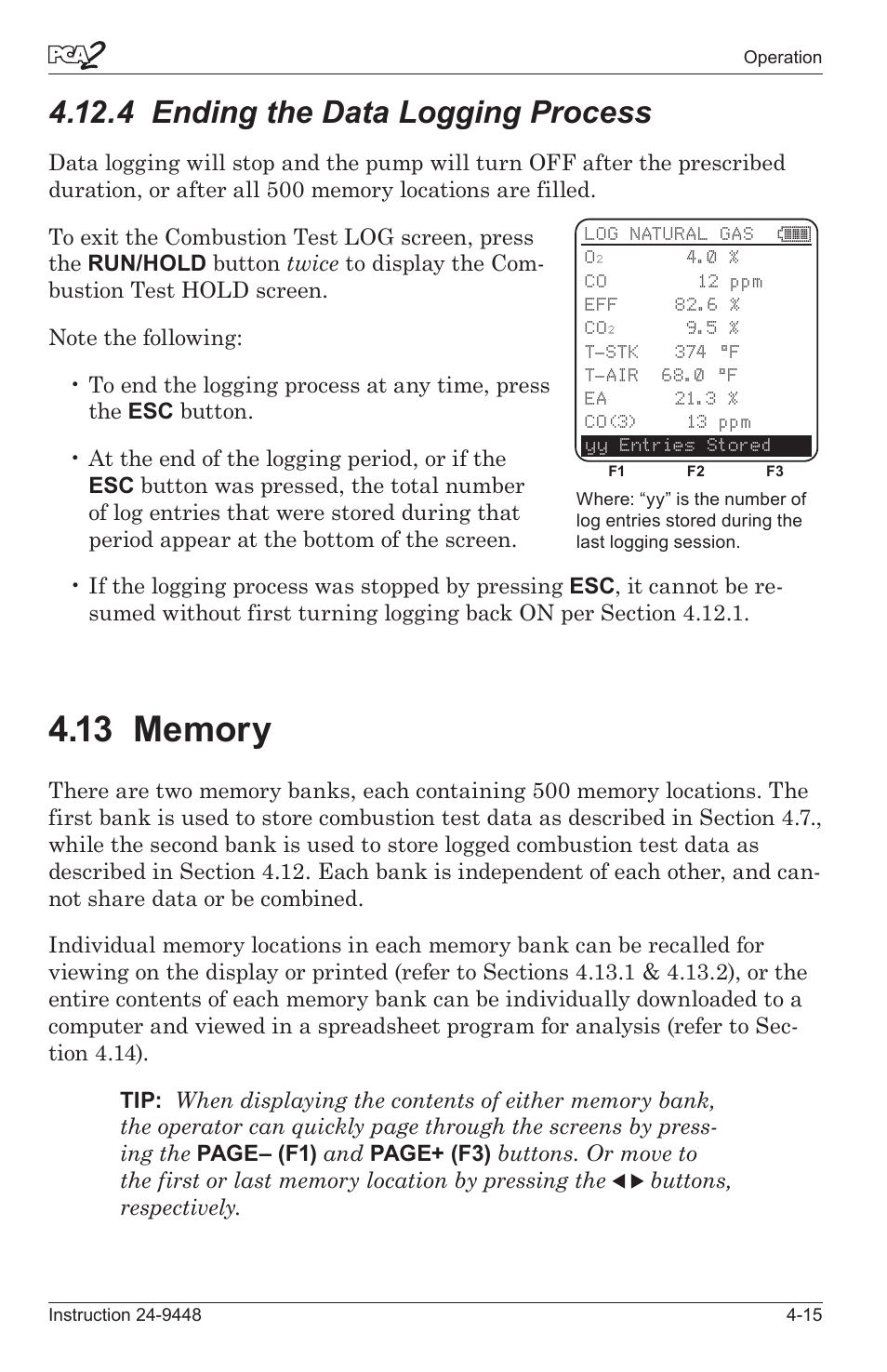 4 endng the data loggng process -15, 13 memory -15, 4 ending the data logging process | Bacharach PCA 2 24-9448 User Manual | Page 49 / 108