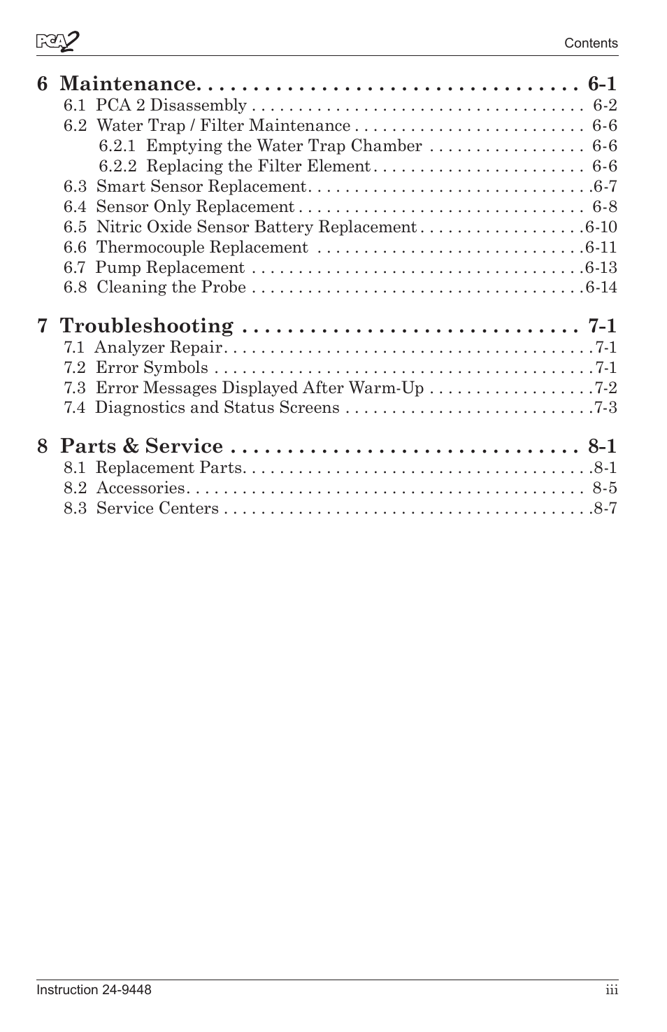 6 maintenance -1, 7 troubleshooting -1, 8 parts & service -1 | Bacharach PCA 2 24-9448 User Manual | Page 5 / 108