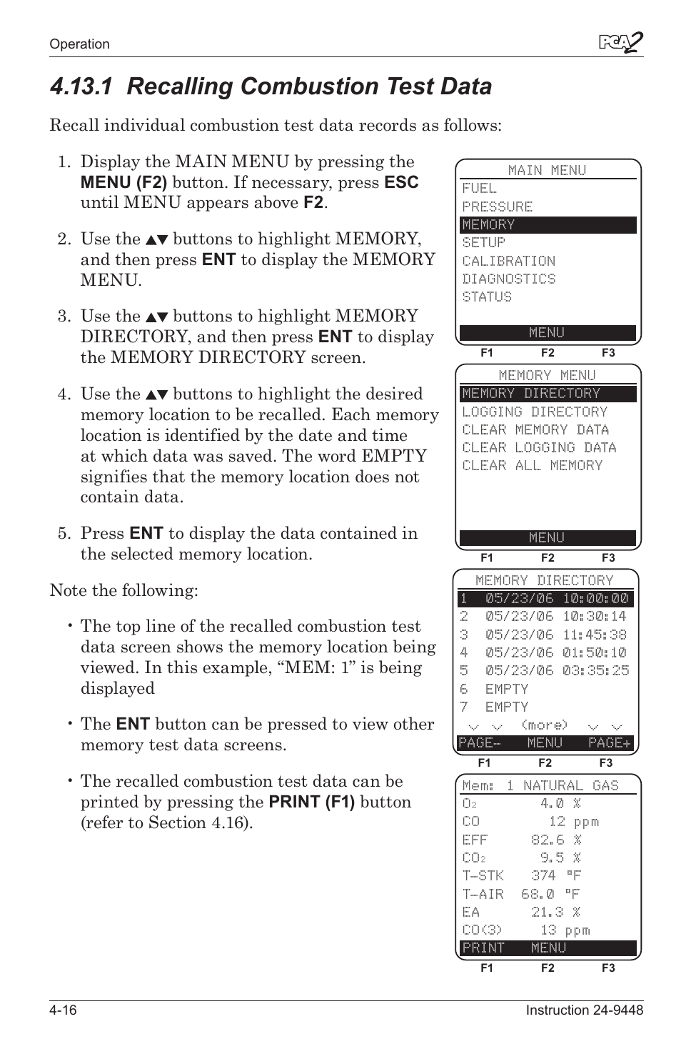 1 recallng combuston test data -16, 1 recalling combustion test data | Bacharach PCA 2 24-9448 User Manual | Page 50 / 108