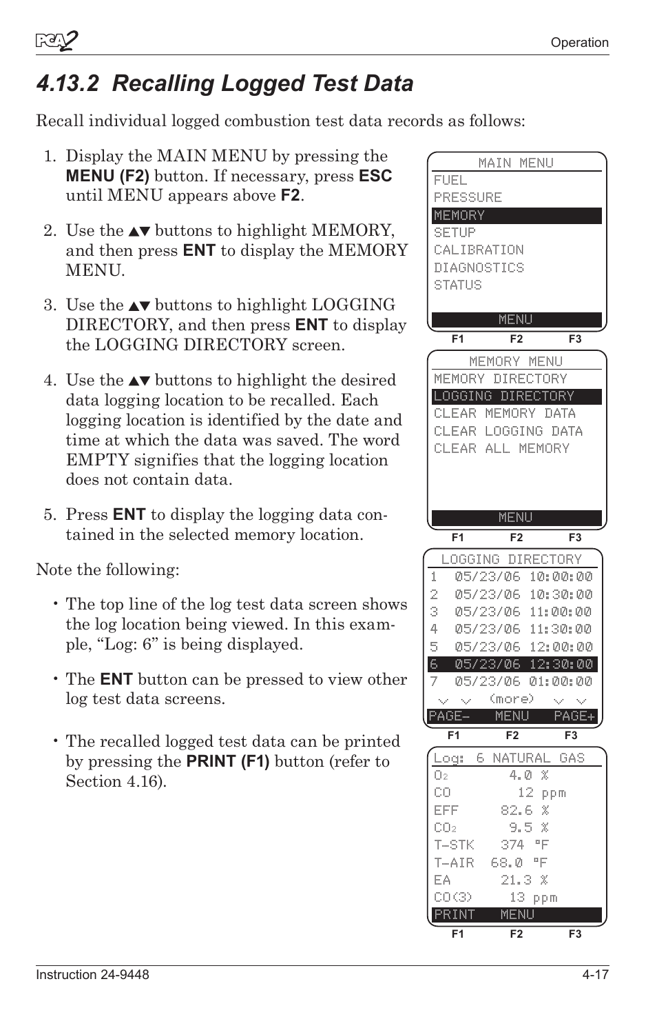 2 recallng logged test data -17, 2 recalling logged test data | Bacharach PCA 2 24-9448 User Manual | Page 51 / 108