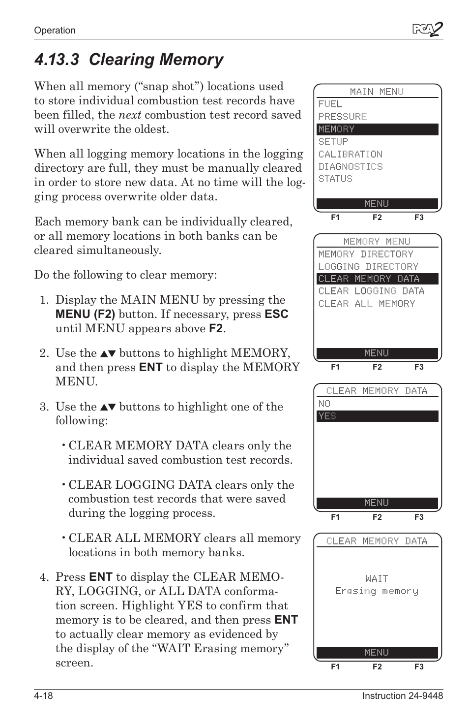 3 clearng memory -18 | Bacharach PCA 2 24-9448 User Manual | Page 52 / 108