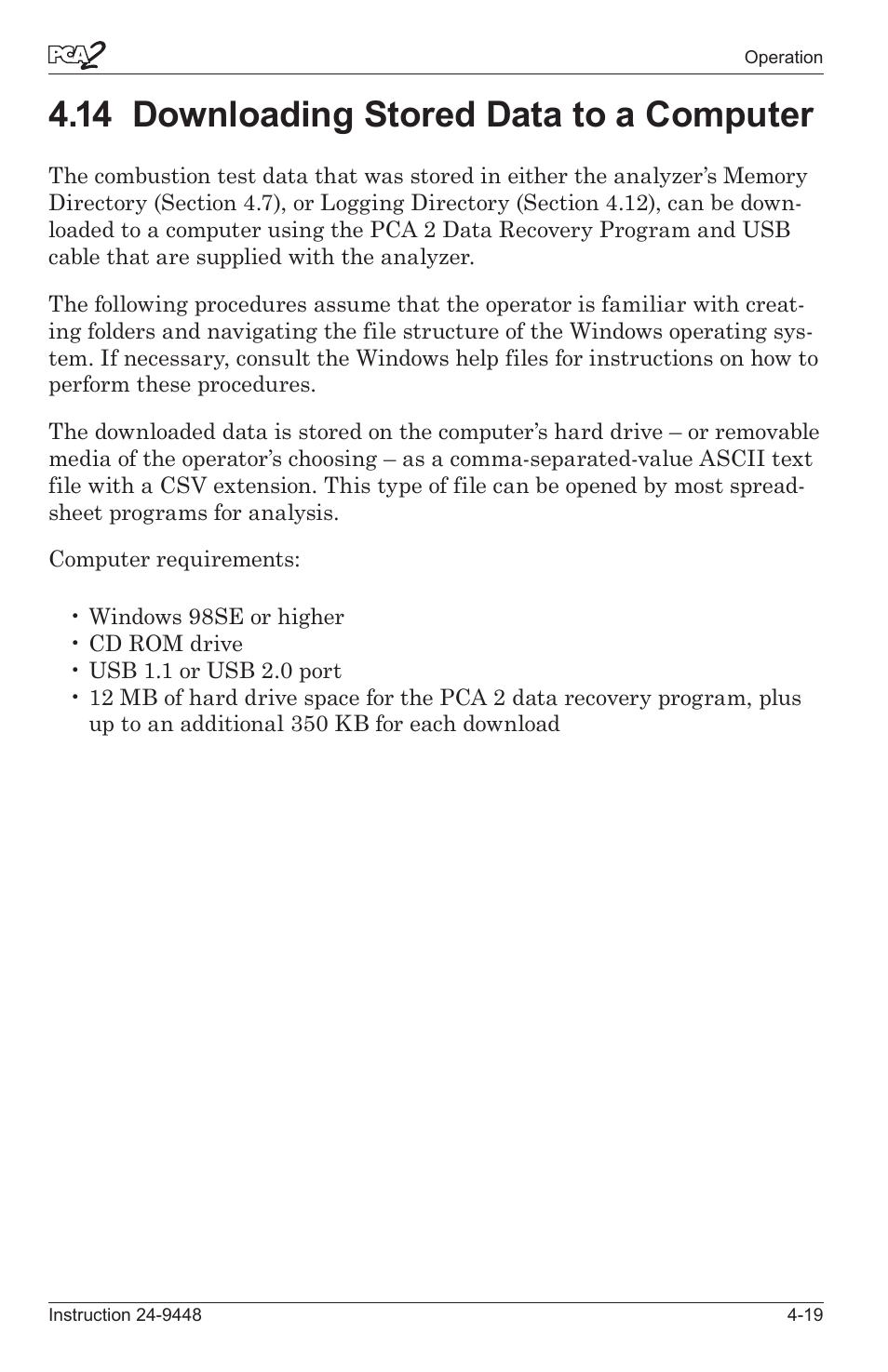 14 downloadng stored data to a computer -19, 14 downloading stored data to a computer | Bacharach PCA 2 24-9448 User Manual | Page 53 / 108