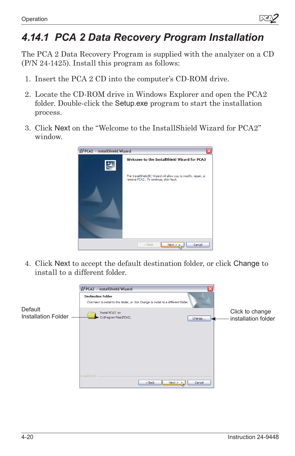 1 pca 2 data recovery program installaton -20, 1 pca 2 data recovery program installation | Bacharach PCA 2 24-9448 User Manual | Page 54 / 108