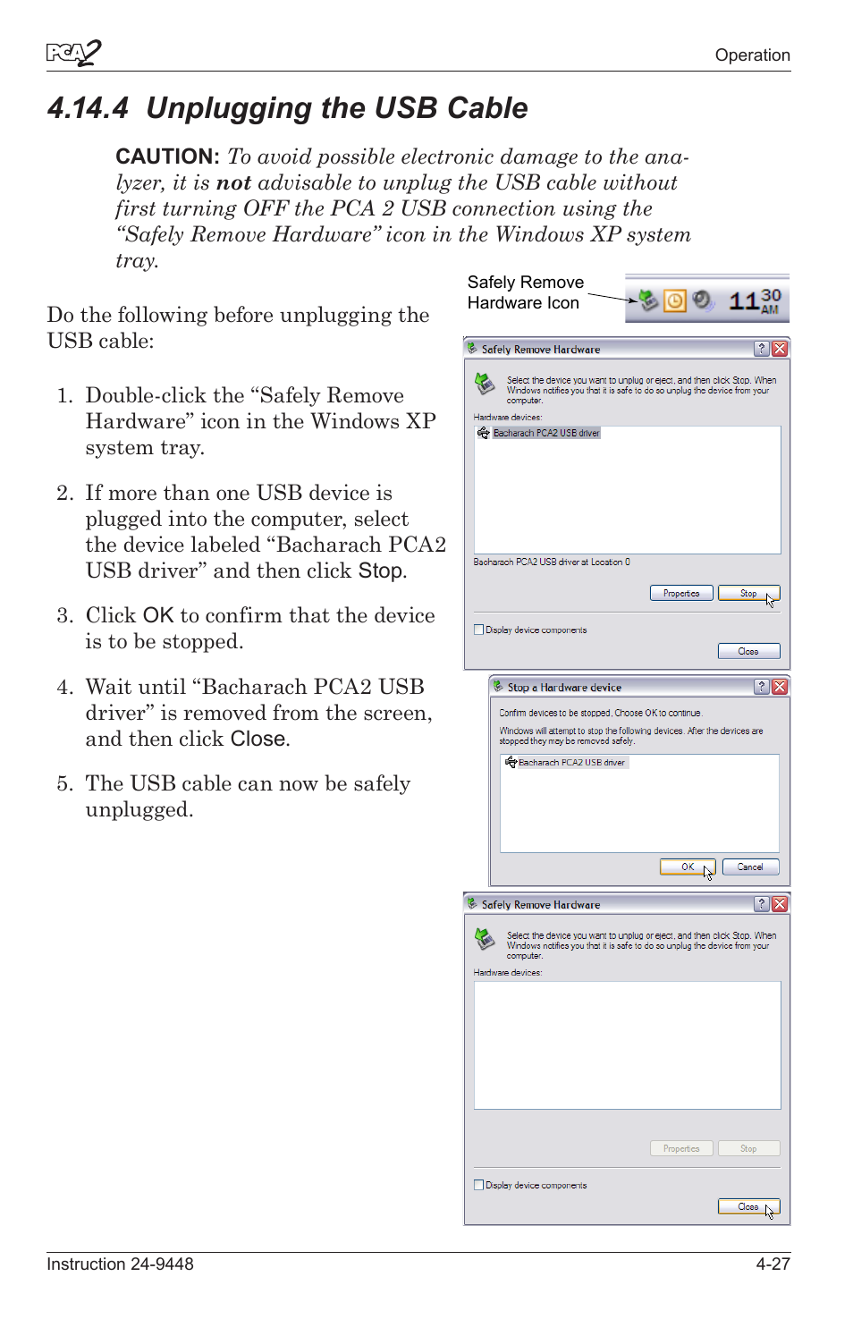 4 unpluggng the usb cable -27, 4 unplugging the usb cable | Bacharach PCA 2 24-9448 User Manual | Page 61 / 108