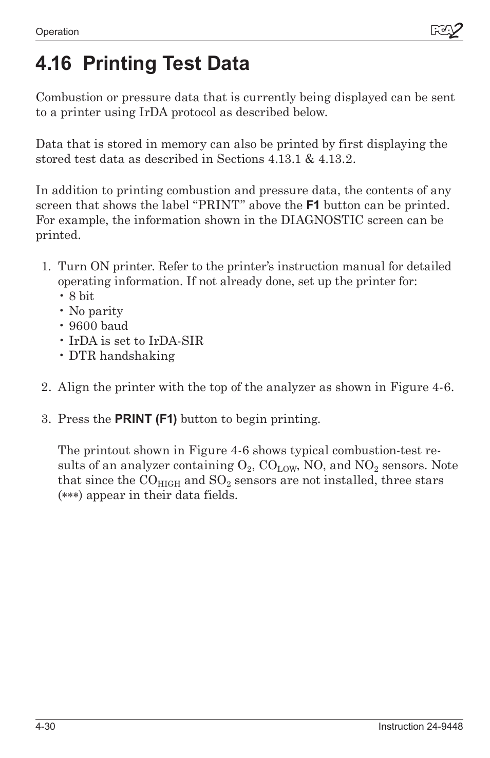 16 prntng test data -30, 16 printing test data | Bacharach PCA 2 24-9448 User Manual | Page 64 / 108
