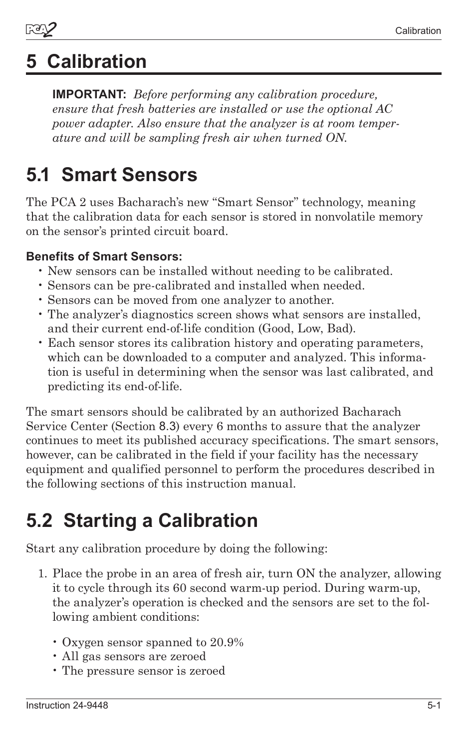 5 calibration -1, 1 smart sensors -1, 2 startng a calbraton -1 | 5 calibration, 1 smart sensors, 2 starting a calibration | Bacharach PCA 2 24-9448 User Manual | Page 67 / 108