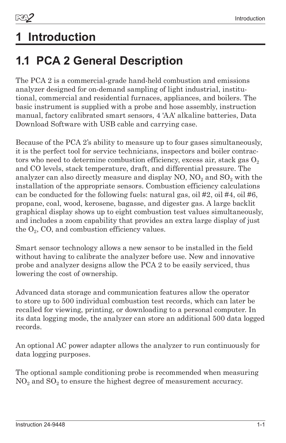 1 introduction -1, 1 pca 2 general descrpton -1, 1 introduction 1.1 pca 2 general description | Bacharach PCA 2 24-9448 User Manual | Page 7 / 108
