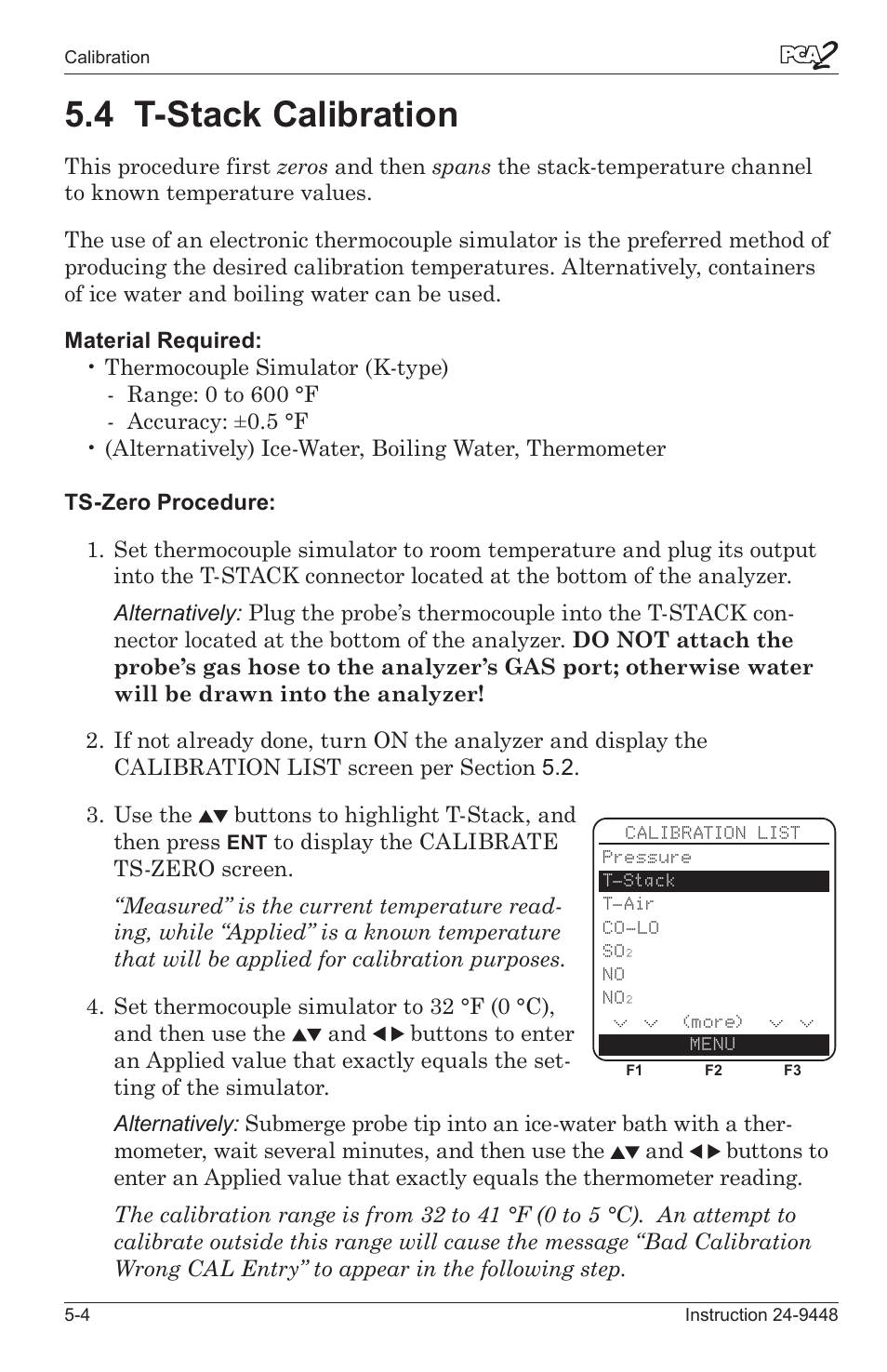 4 t-stack calbraton -4, 4 t-stack calibration | Bacharach PCA 2 24-9448 User Manual | Page 70 / 108