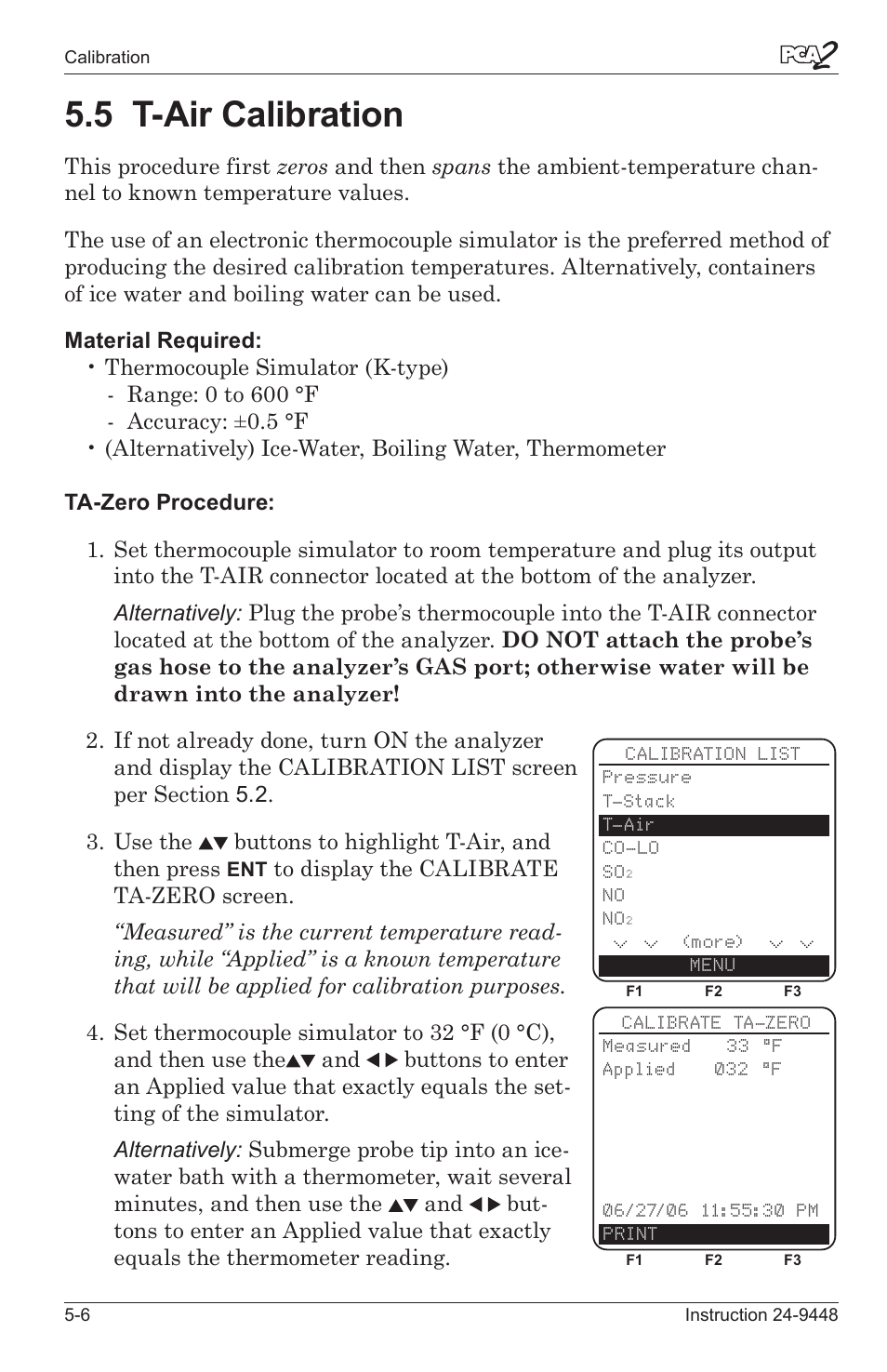 5 t-ar calbraton -6, 5 t-air calibration | Bacharach PCA 2 24-9448 User Manual | Page 72 / 108