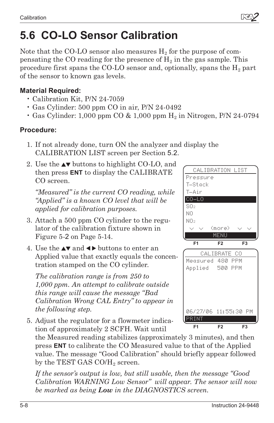 6 co-lo sensor calbraton -8, 6 co-lo sensor calibration | Bacharach PCA 2 24-9448 User Manual | Page 74 / 108