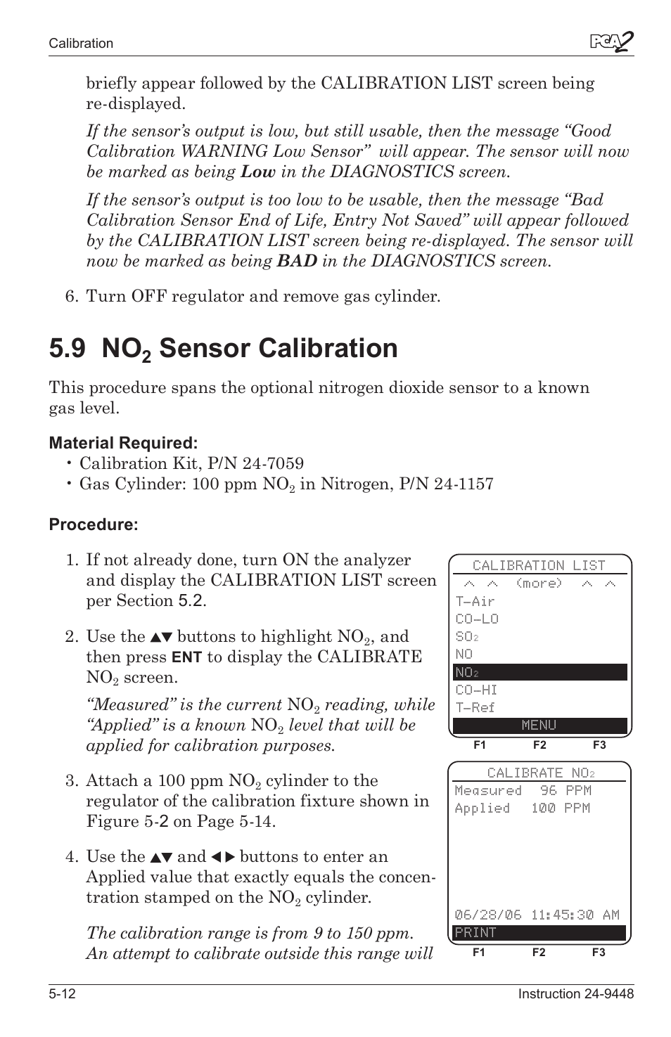 9 no, Sensor calbraton -12, Sensor calibration | Bacharach PCA 2 24-9448 User Manual | Page 78 / 108