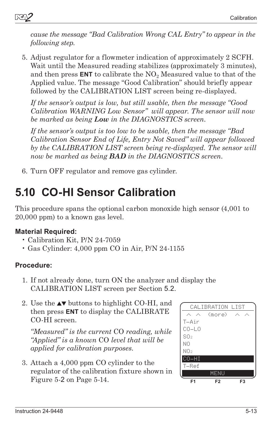 10 co-hi sensor calbraton -13, 10 co-hi sensor calibration | Bacharach PCA 2 24-9448 User Manual | Page 79 / 108
