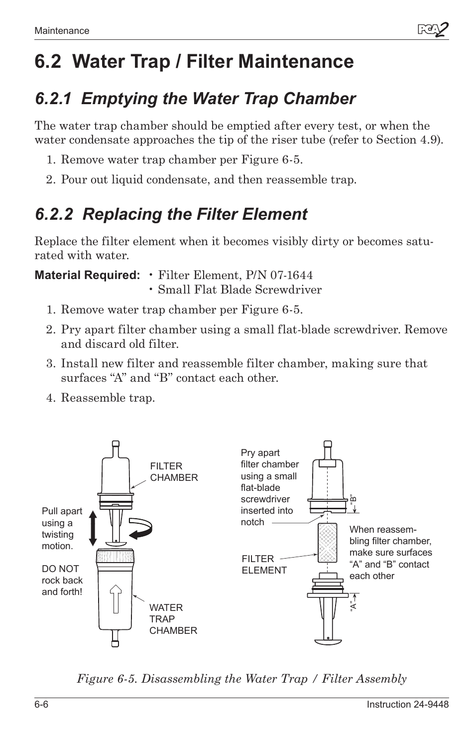 2 water trap / flter mantenance -6, 1 emptyng the water trap chamber -6, 2 replacng the flter element -6 | 2 water trap / filter maintenance, 1 emptying the water trap chamber, 2 replacing the filter element | Bacharach PCA 2 24-9448 User Manual | Page 86 / 108