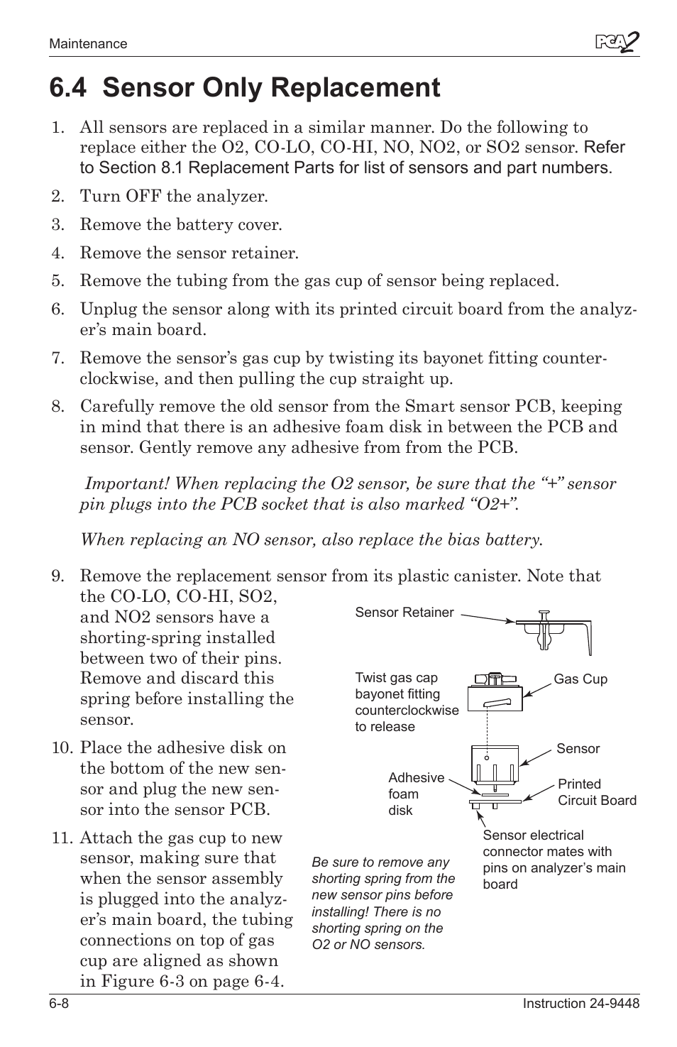 4 sensor only replacement -8, 4 sensor only replacement | Bacharach PCA 2 24-9448 User Manual | Page 88 / 108