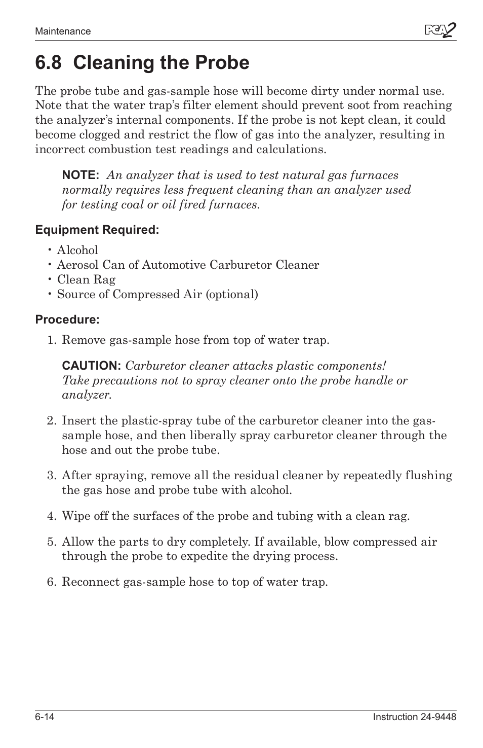 8 cleanng the probe -14, 8 cleaning the probe | Bacharach PCA 2 24-9448 User Manual | Page 94 / 108