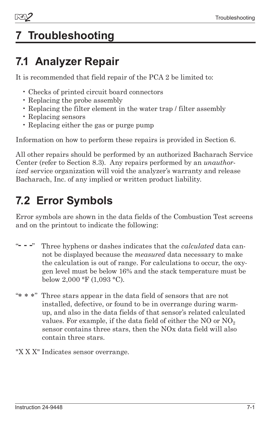 7 troubleshooting -1, 1 analyzer repar -1, 2 error symbols -1 | 7 troubleshooting 7.1 analyzer repair, 2 error symbols | Bacharach PCA 2 24-9448 User Manual | Page 96 / 108