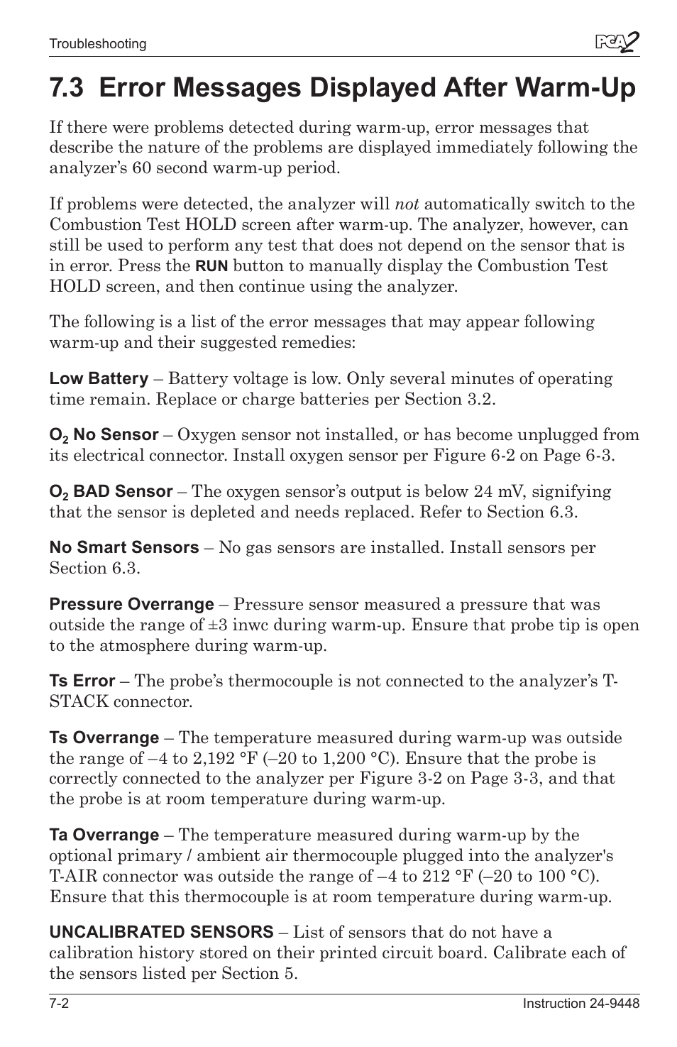 3 error messages dsplayed after warm-up -2, 3 error messages displayed after warm-up | Bacharach PCA 2 24-9448 User Manual | Page 97 / 108