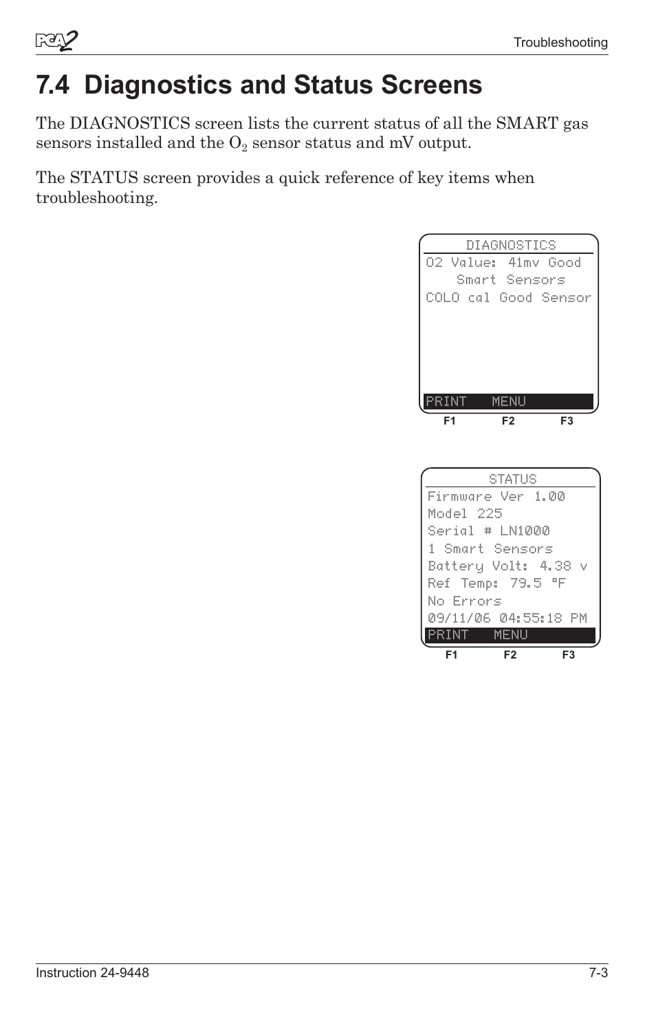 4 dagnostcs and status screens -3, 4 diagnostics and status screens | Bacharach PCA 2 24-9448 User Manual | Page 98 / 108