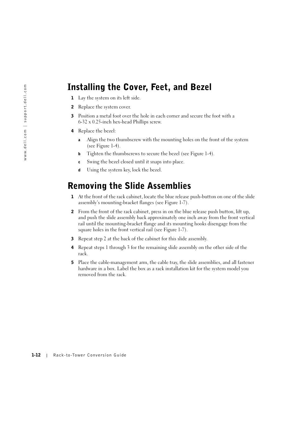 Installing the cover, feet, and bezel, Removing the slide assemblies, Installing the cover, feet, and bezel -12 | Removing the slide assemblies -12 | Dell PowerEdge 2600 User Manual | Page 16 / 90