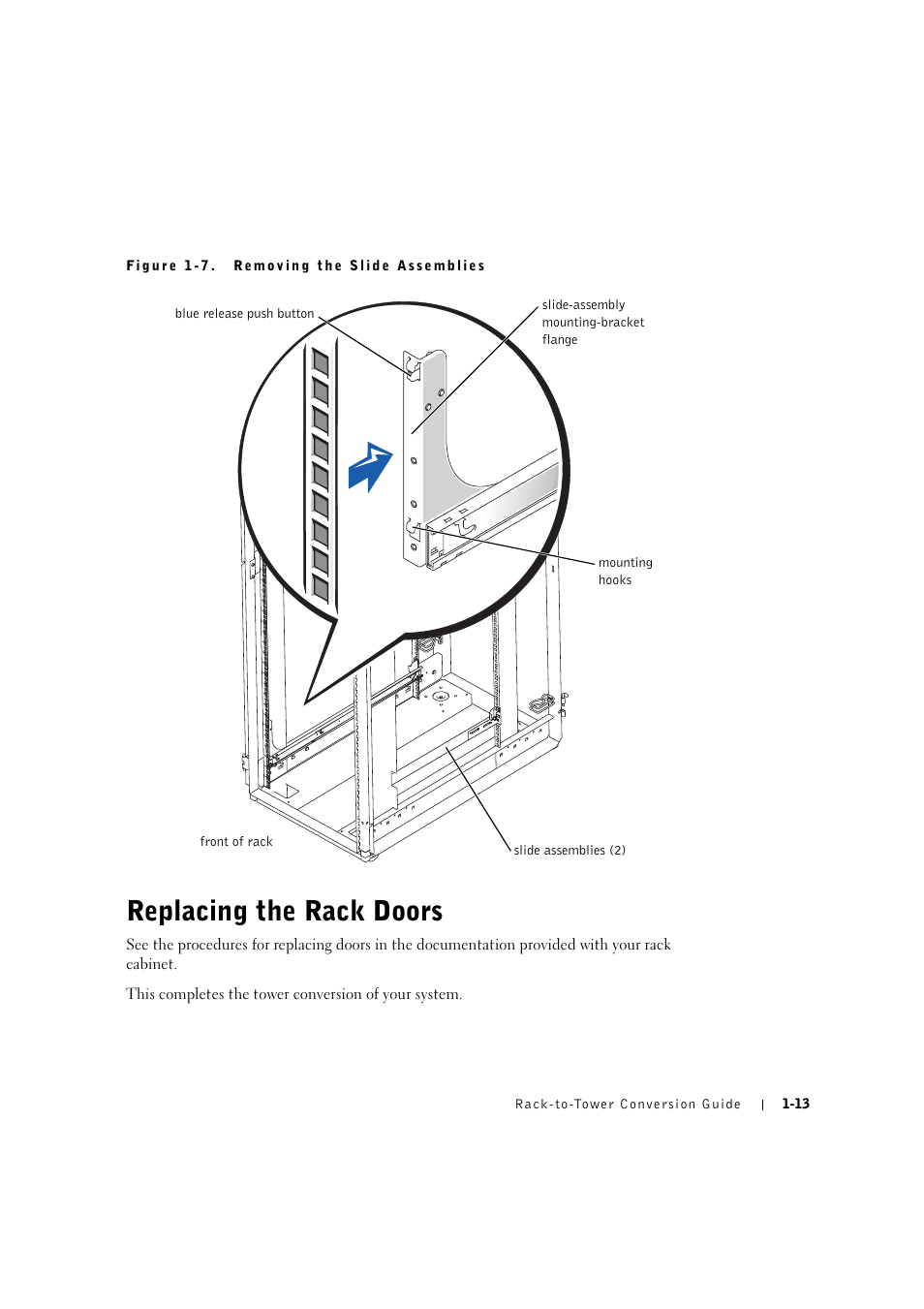 Replacing the rack doors, Removing the rack doors -5 | Dell PowerEdge 2600 User Manual | Page 17 / 90