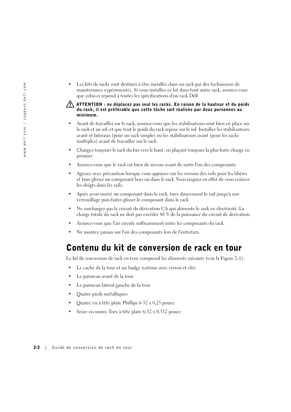 Contenu du kit de conversion de rack en tour | Dell PowerEdge 2600 User Manual | Page 24 / 90