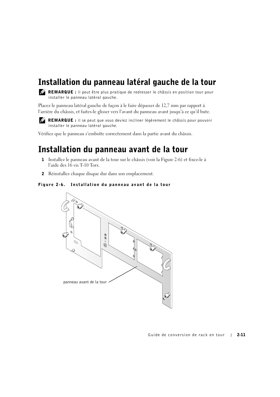 Installation du panneau latéral gauche de la tour, Installation du panneau avant de la tour, Installation du panneau avant de la tour -11 | Dell PowerEdge 2600 User Manual | Page 33 / 90