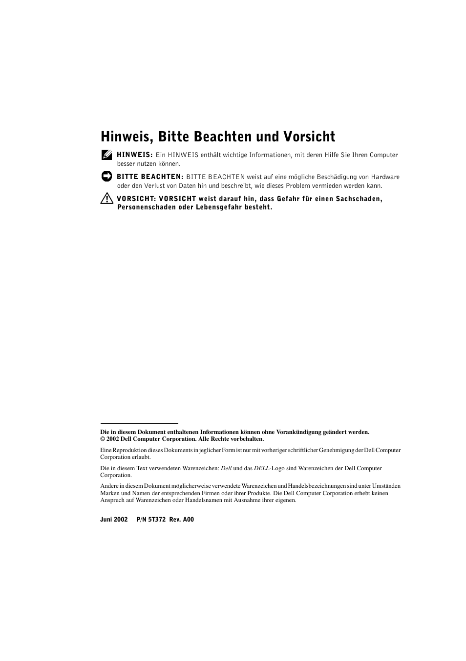 Hinweis, bitte beachten und vorsicht | Dell PowerEdge 2600 User Manual | Page 38 / 90