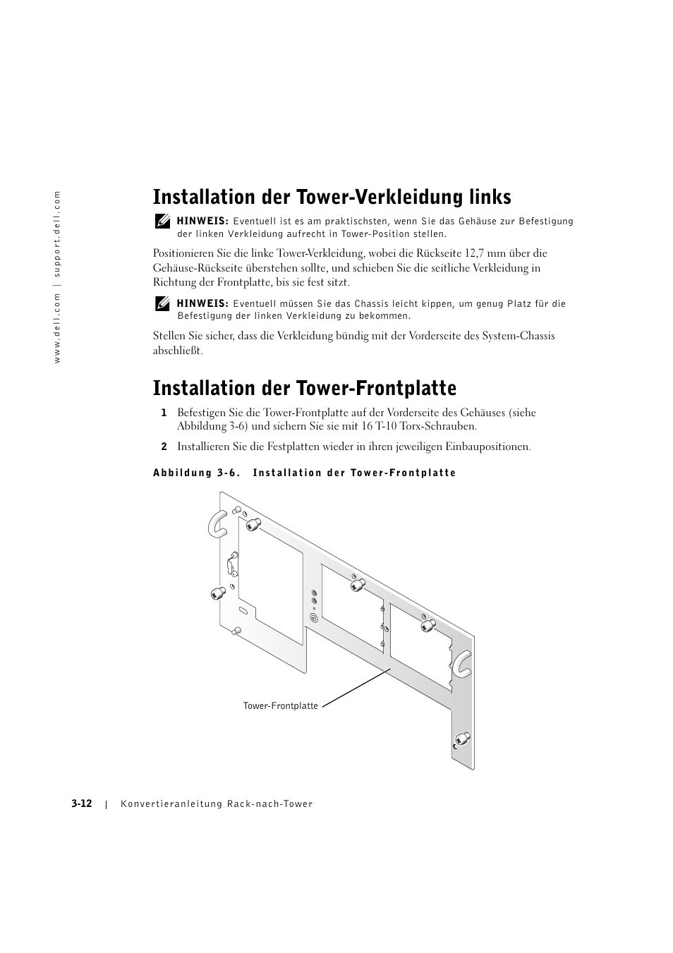 Installation der tower-verkleidung links, Installation der tower-frontplatte, Installation der tower-verkleidung links -12 | Installation der tower-frontplatte -12 | Dell PowerEdge 2600 User Manual | Page 52 / 90