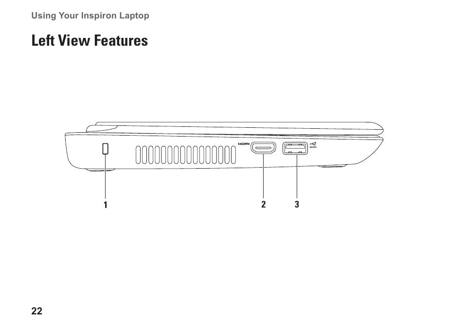 Left view features | Dell Inspiron 13 (N3010, Mid 2010) User Manual | Page 24 / 90