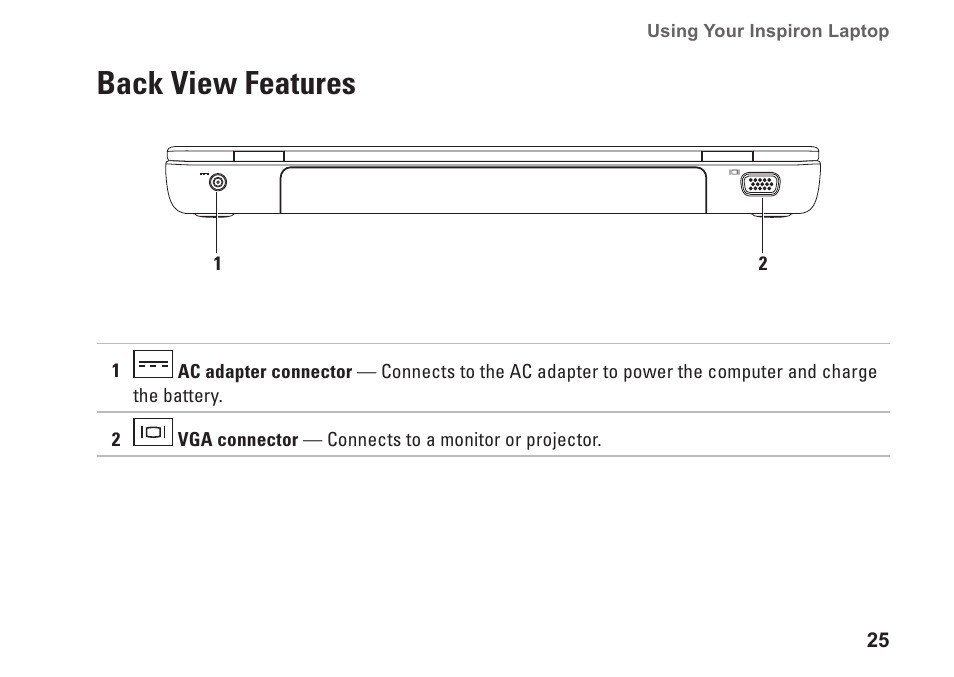 Back view features | Dell Inspiron 13 (N3010, Mid 2010) User Manual | Page 27 / 90