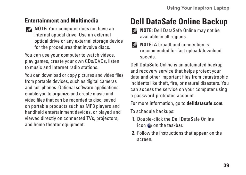 Dell datasafe online backup | Dell Inspiron 13 (N3010, Mid 2010) User Manual | Page 41 / 90